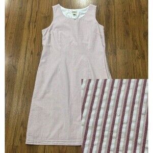 LL Bean Dress Womens 10 Sleeveless Seersucker Pink White Striped Cotton Lined